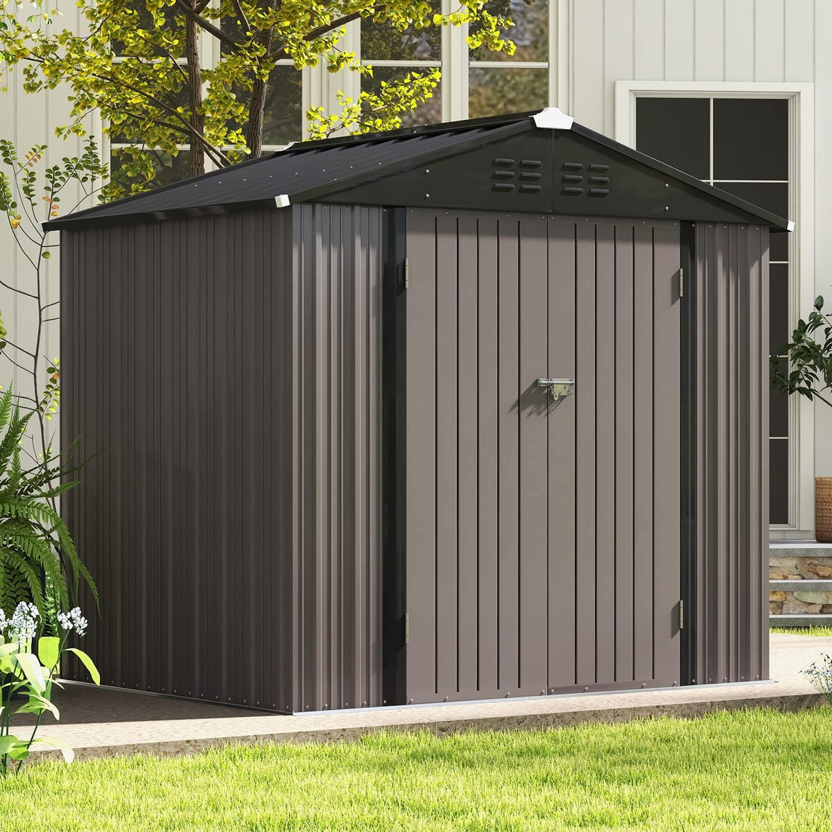 Patiowell 8x6 FT Outdoor Storage Shed, Metal Tool shed & Outdoor Storage with Lockable Doors & Air Vents, for Backyard Garden Patio, Brown