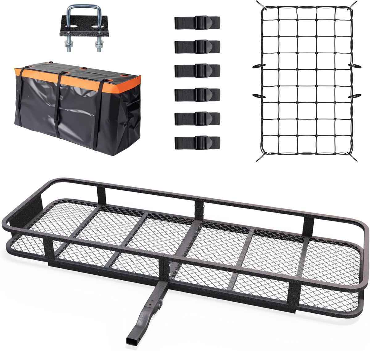 Bonnlo 60''X 20''X6'' Folding Hitch Mount Cargo Carrier Basket with Stablizer, Waterproof Bag, Net, Straps, 500 LBS Capacity Rear Luggage Rack Basket Fits Sedan, SUV, TAN
