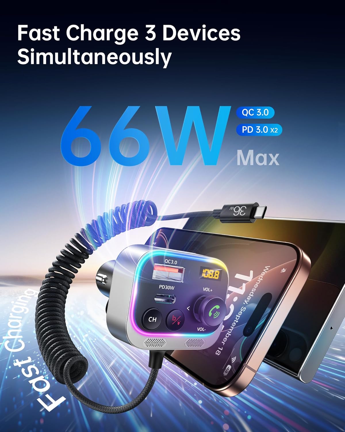 Syncwire Bluetooth 5.4 FM Transmitter Car Adapter 66W PD & QC 3.0 Fast Charging with USB-C Cable Wireless Radio Adapter with Light Control, HiFi Bass, Hands-Free Calling and Strong Mics