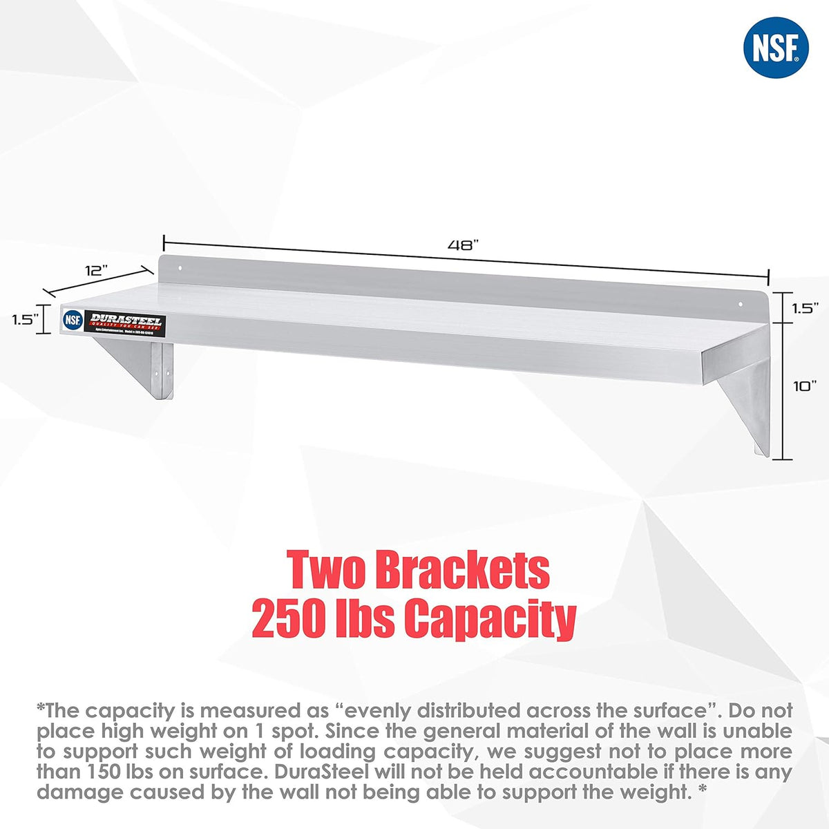 DuraSteel Stainless Steel Wall Shelf - 48" Wide x 12" Deep Commercial Grade - NSF Certified - Industrial Appliance Equipment (Restaurant, Bar, Home, Kitchen, Laundry, Garage and Utility Room)