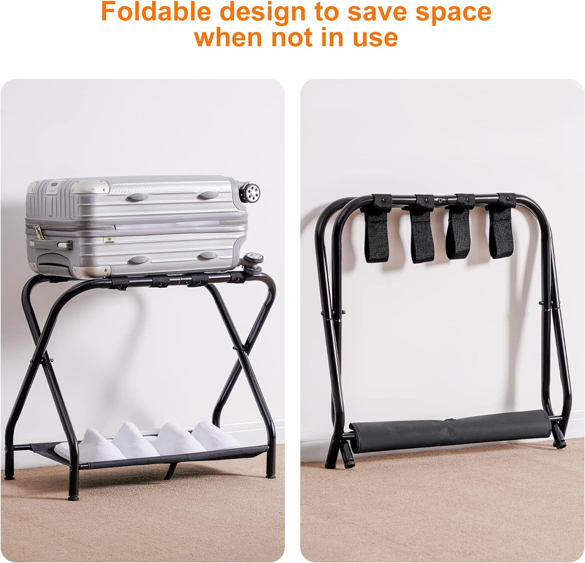 Heybly Luggage Rack, Pack of 2, Steel Folding Suitcase Stand with Storage Shelf for Bedroom, Hotel, Foldable Steel Frame, Guest Room Bedroom Hotel, 26.2" L x 14.4" W x 20.5" H, Black HLR004B2
