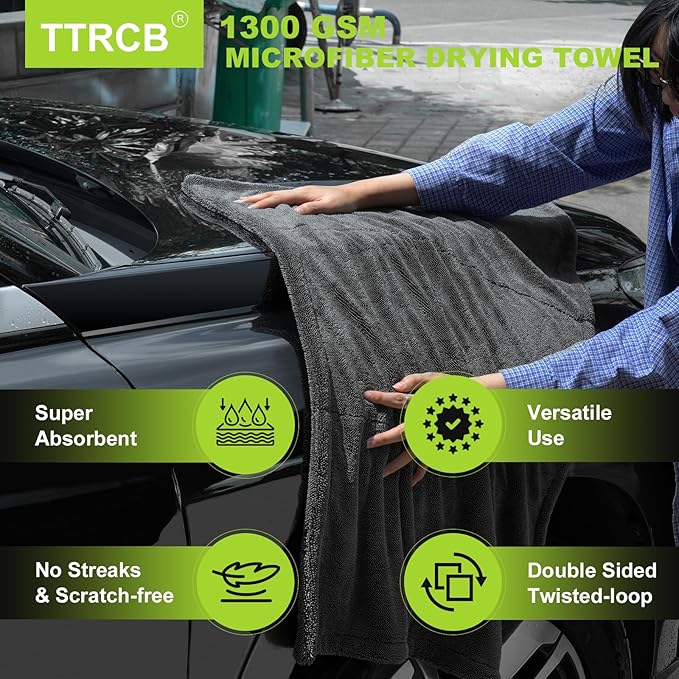 2 Pack 1300 GSM Car Drying Towel, Microfiber Towels for Cars - 36" x 24" & 16" x 16", Ultra-Absorbent, Streak Free, Premium Double Twisted-Loop Microfiber Cleaning Cloth with Car Wash Mitt