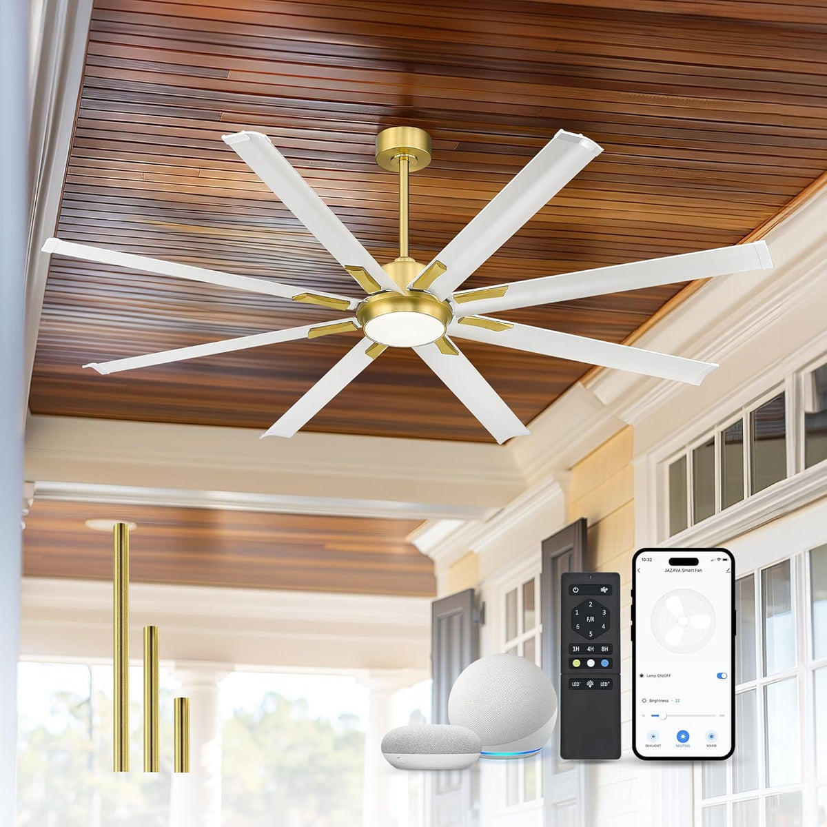 72 Inch White & Gold Ceiling Fan,Smart Ceiling Fan with Voice Control,Large Ceiling Fan With 8 Aluminium Metal Blades,CF04BGW-72