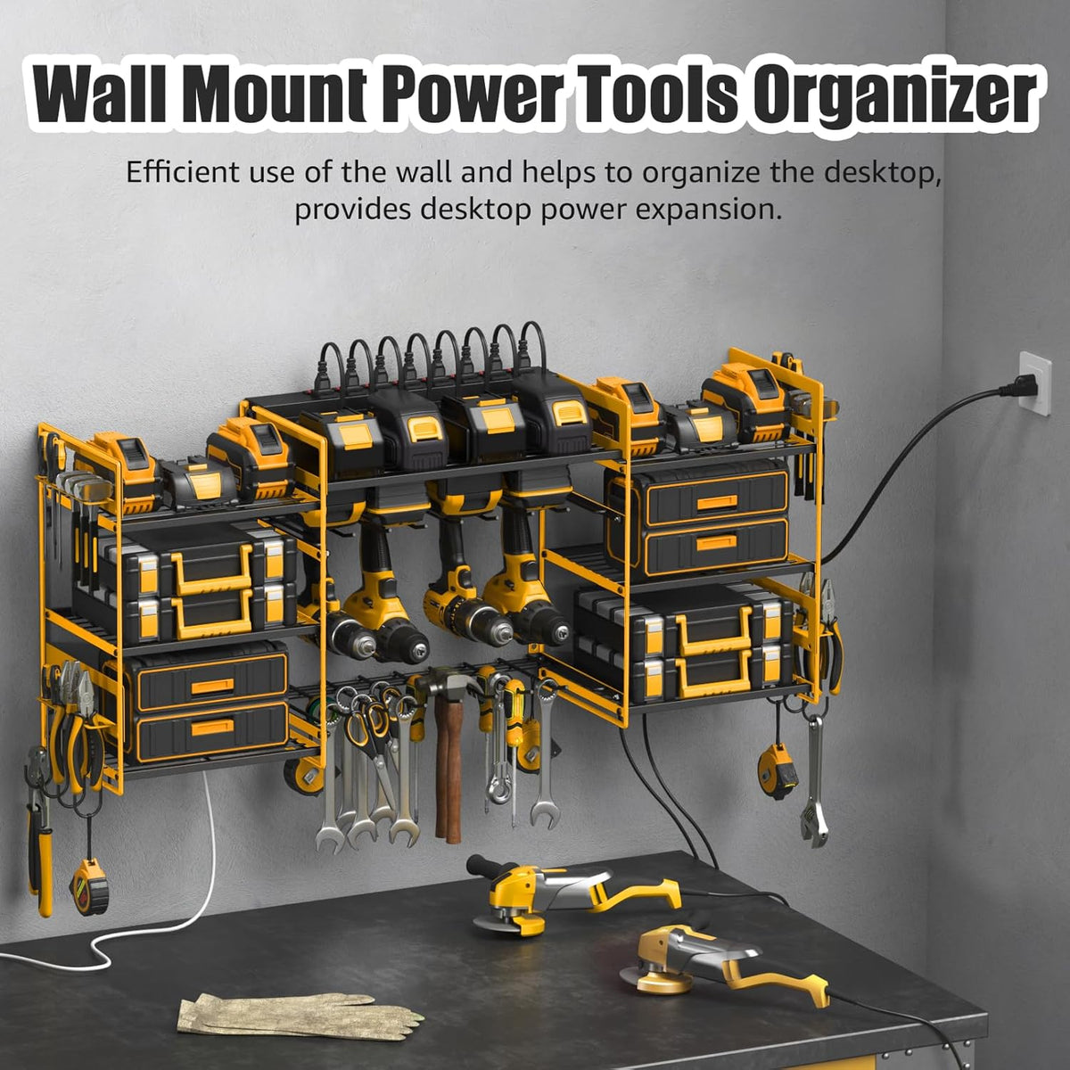 CCCEI Yellow Power Tool Organizer Wall Mount, Large Tools and Battery Storage Rack Charging Station Individual Switches. Drills Holder, Garage Utility Shelves with 6FT Power Strip. Gift for Men.