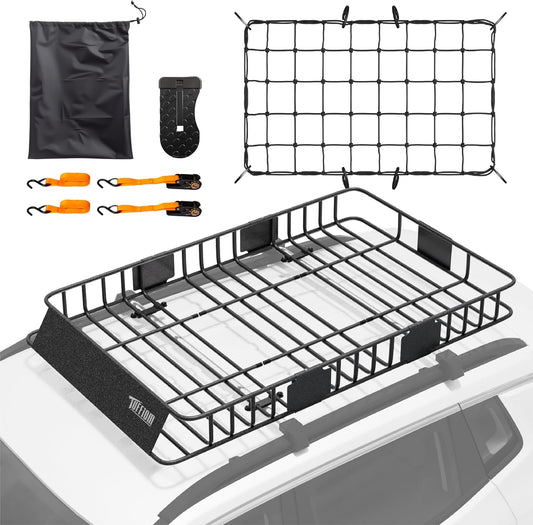 TUFFIOM 250lbs 64 x 39 x 6 inch Extendable Roof Top Cargo Carrier Basket w/Net+Storage Bag+Footrest+Straps, Heavy Duty Rooftop Luggage Holder Steel Rack for SUV Car Truck Van Travel Camping