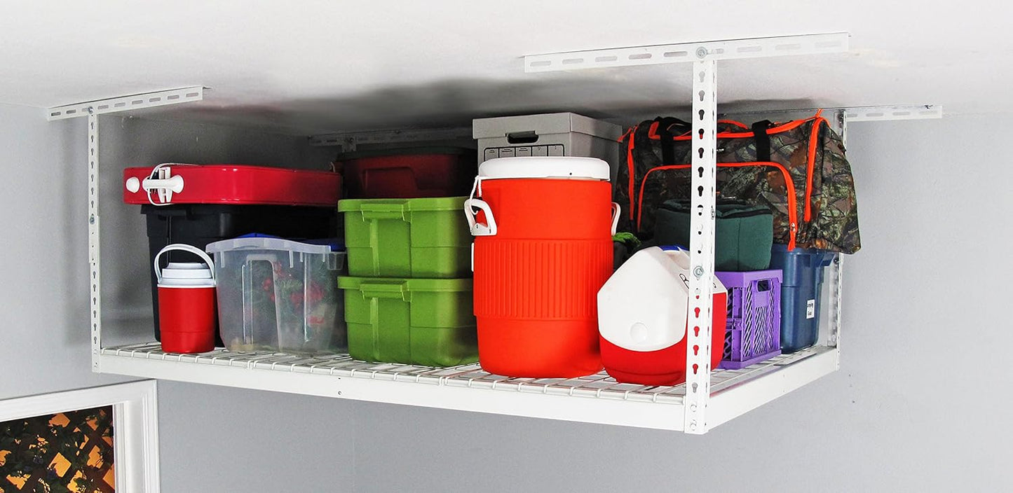 MonsterRax Overhead Garage Storage Racks 4x6, Ceiling Mounted Shelving, Adjustable Hanging Storage Organizer, Heavy Duty Steel, Holds 500 Pounds, Color: White, Adjusts 12"-21” off Ceiling
