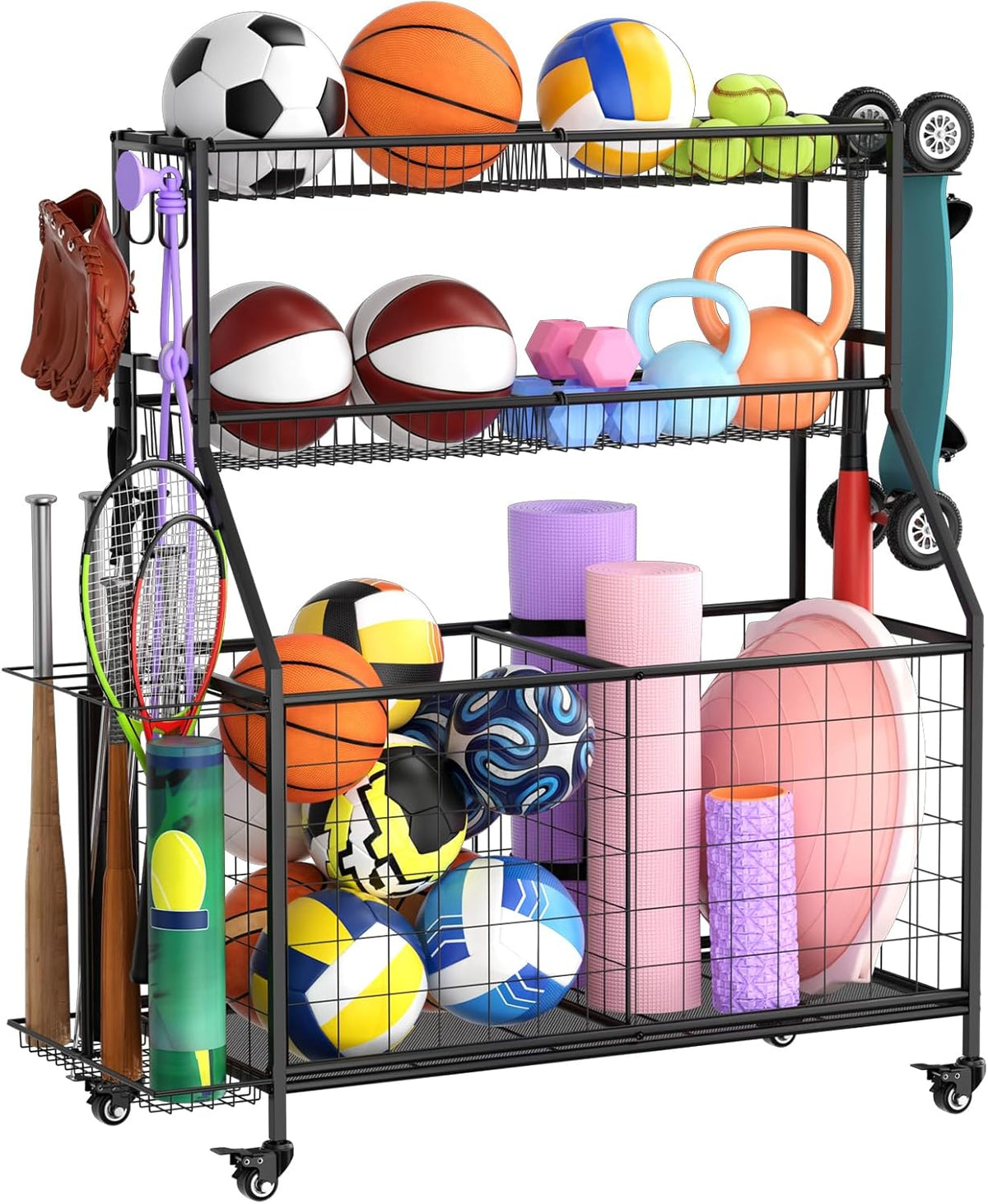 WUC Sports Equipment Organizer - Garage Ball Storage Rack with Basket, Hooks and Rolling Cart for Toy Sports Gear Storage, Black