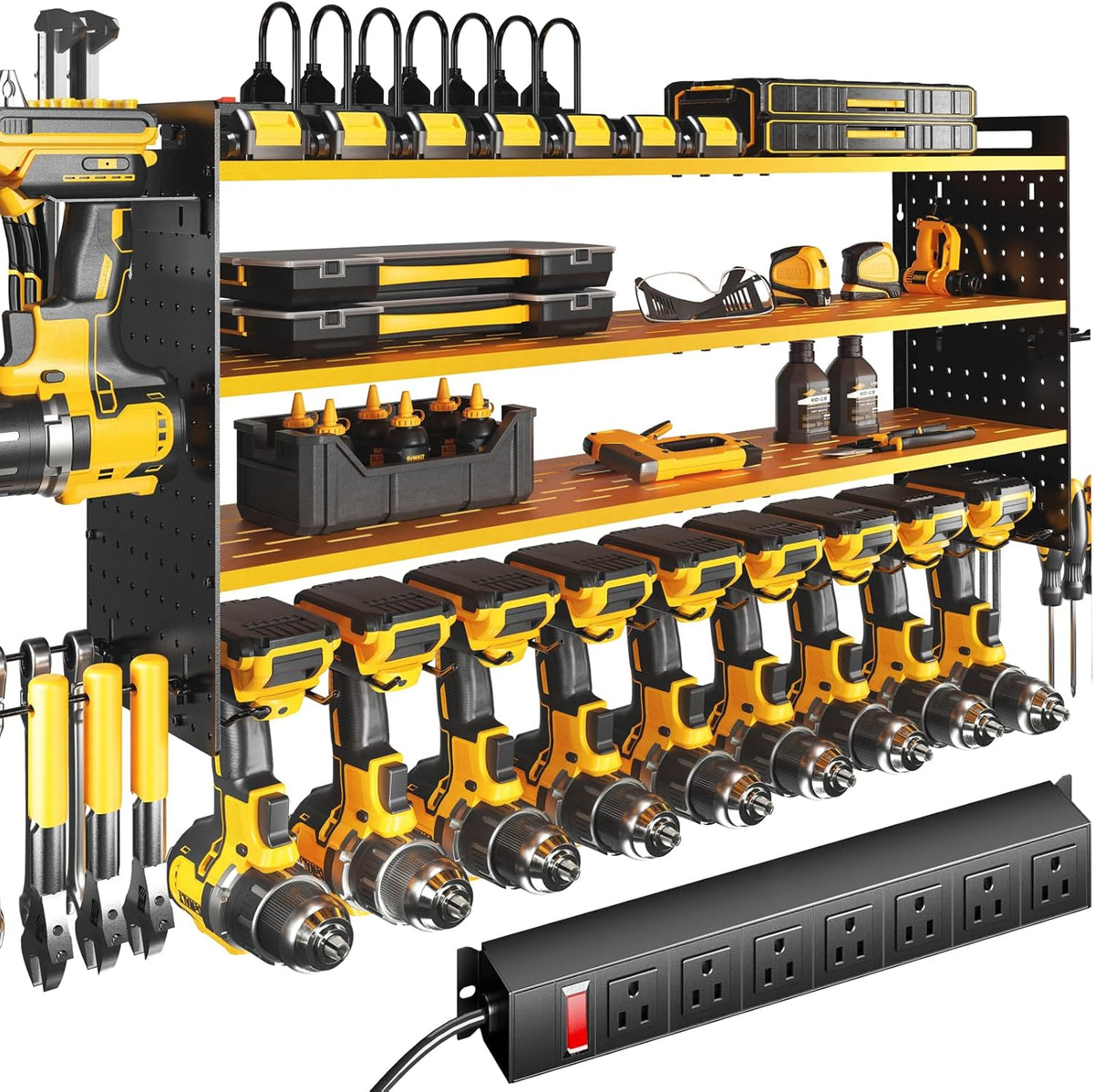 KAFAHOM Power Tool Organizer with Charging Station,9 Drill Holder Wall Mount,4 Layer Durable Metal Cordless Drill Storage for Garage Organization,Battery Tool Rack Built in 7 Outlet Power Strip-Yellow