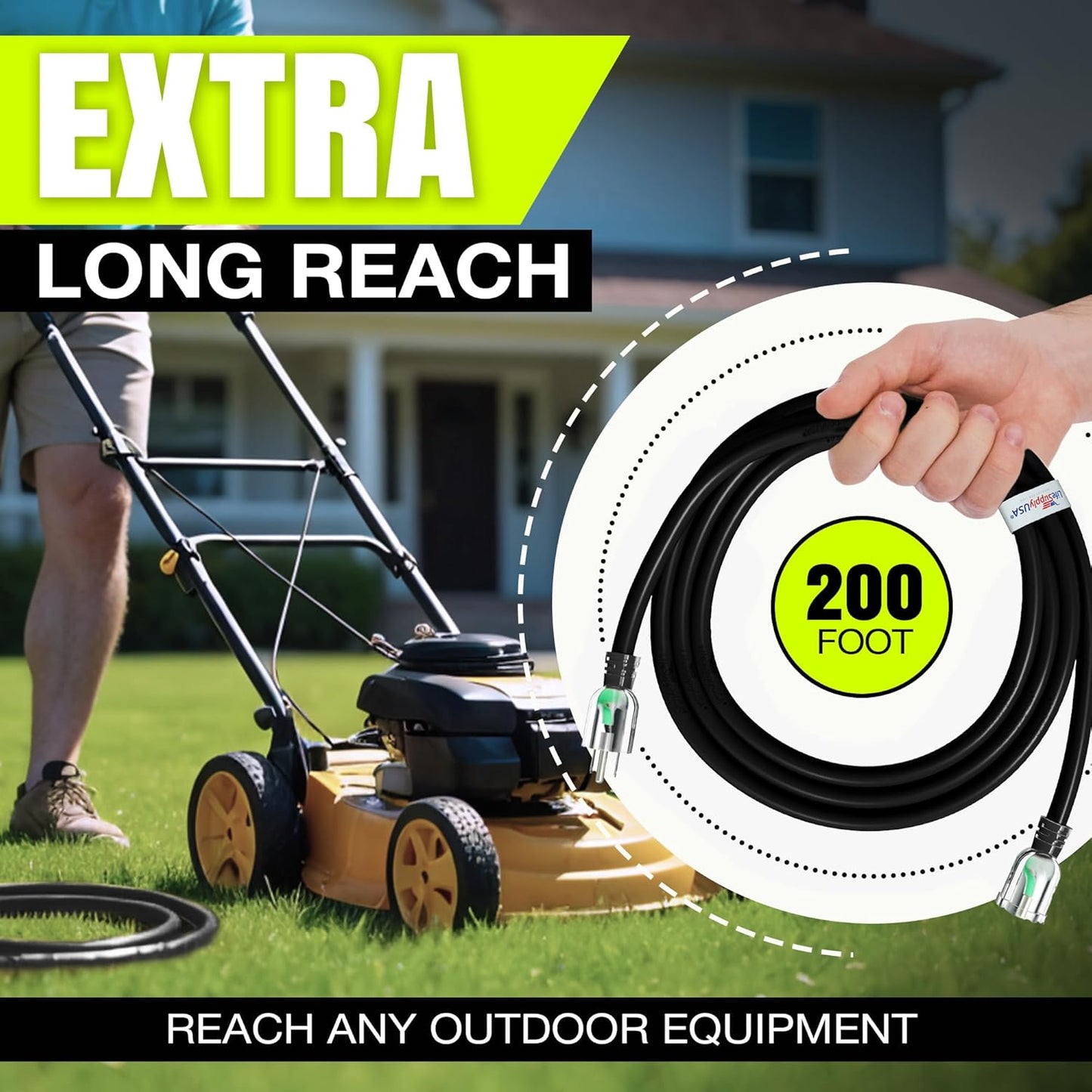 200ft Outdoor/Indoor Extension Cord 12/3 Gauge Extra Heavy Duty 3 Prong SJTW, Waterproof, Flexible Cold-Resistant Long Power Cord,8A 125V 1000W, Black by LifeSupplyUSA