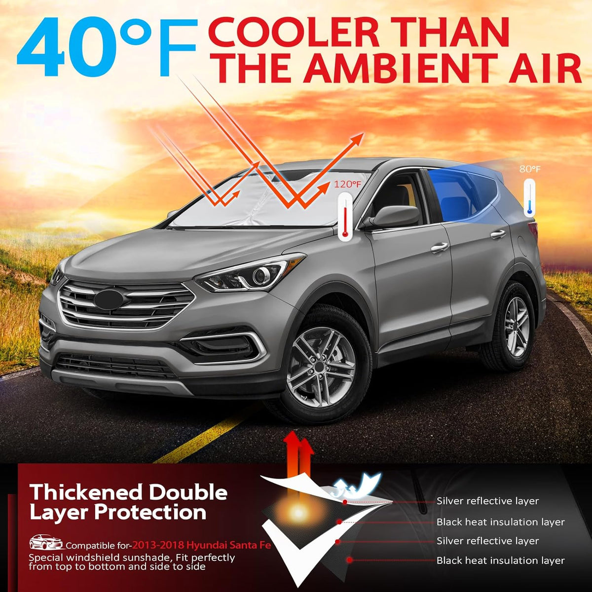 KAYZT Windshield Sun Shade for 2013-2018 Hyundai Santa Fe Foldable Sunshade Front Window Custom Fit Car Accessories