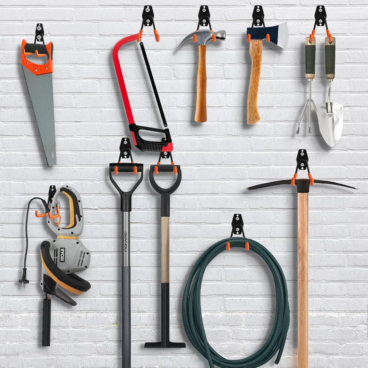 KURUI Heavy Duty Wall Hook for Tool/Water Hose, Garden Hose Holder Wall Mount for Indoors Outside, 2 Pack Garage Storage Hanger for Hanging Shovel/Ladder/Extension Cord, Metal Utility Hook Organizer