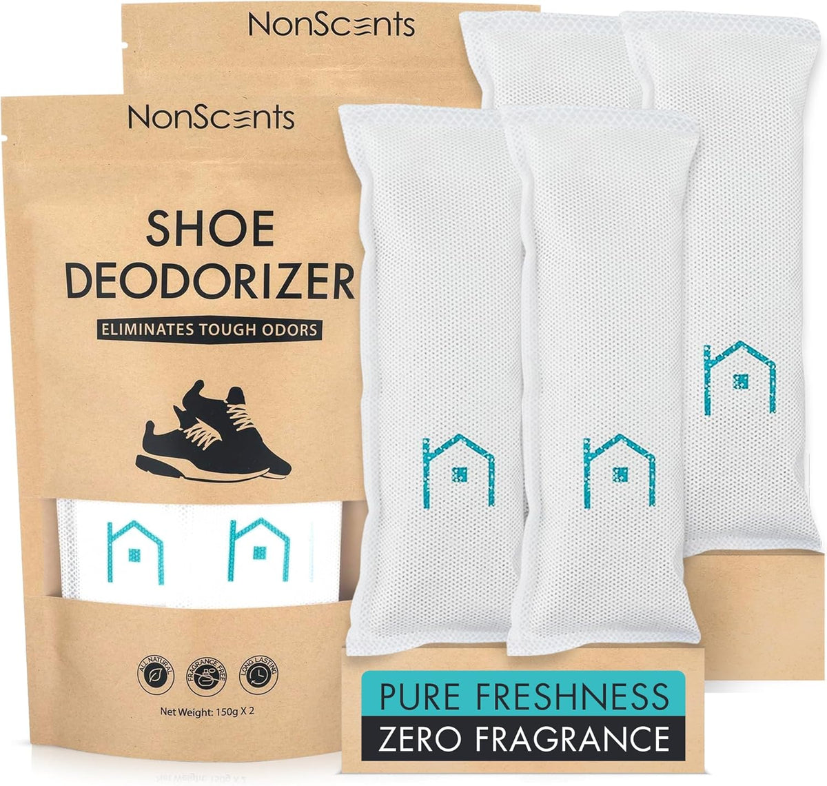 NonScents Shoe Deodorizer 2-Pack (4 Count) - Odor Eliminator, Air Freshener, Smell Absorber, Scent Remover for Shoes, Gym Bags, Soccer Cleats, Closets, Pet Area, Reusable - Shoe Deodorant