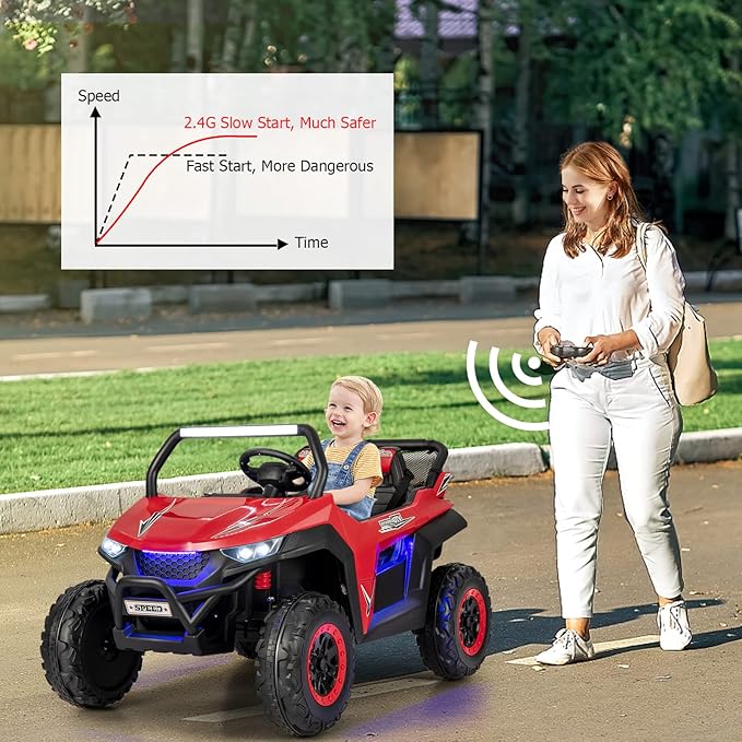 Costzon 2-Seater Ride on Car for Kids, 12V Kids' Electric Vehicles w/Remote Control, 4 Shock Absorbers, Wireless Music & FM, 3 Speeds, Ambiance Lights, Electric Car UTV for Boys Girls (Red)
