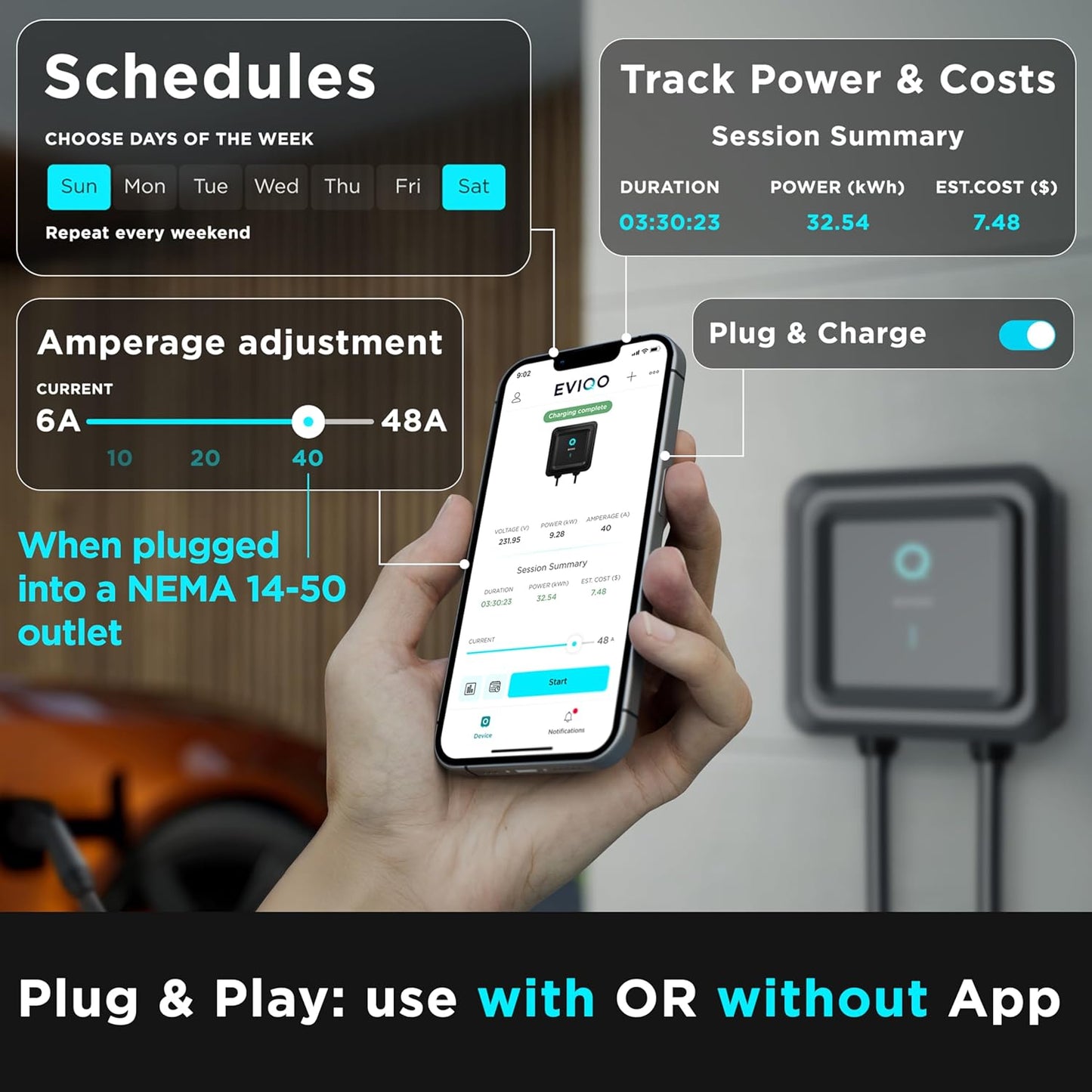 EVIQO Level 2 EV Charger - 48 Amp EV Charger Level 2-240V Electric Vehicle Charging Stations - Smart Wall EV Chargers for Home LEVEL2 - NEMA 14-50/Hardwired - 11.5kW EVSE J1772, Energy Star/UL