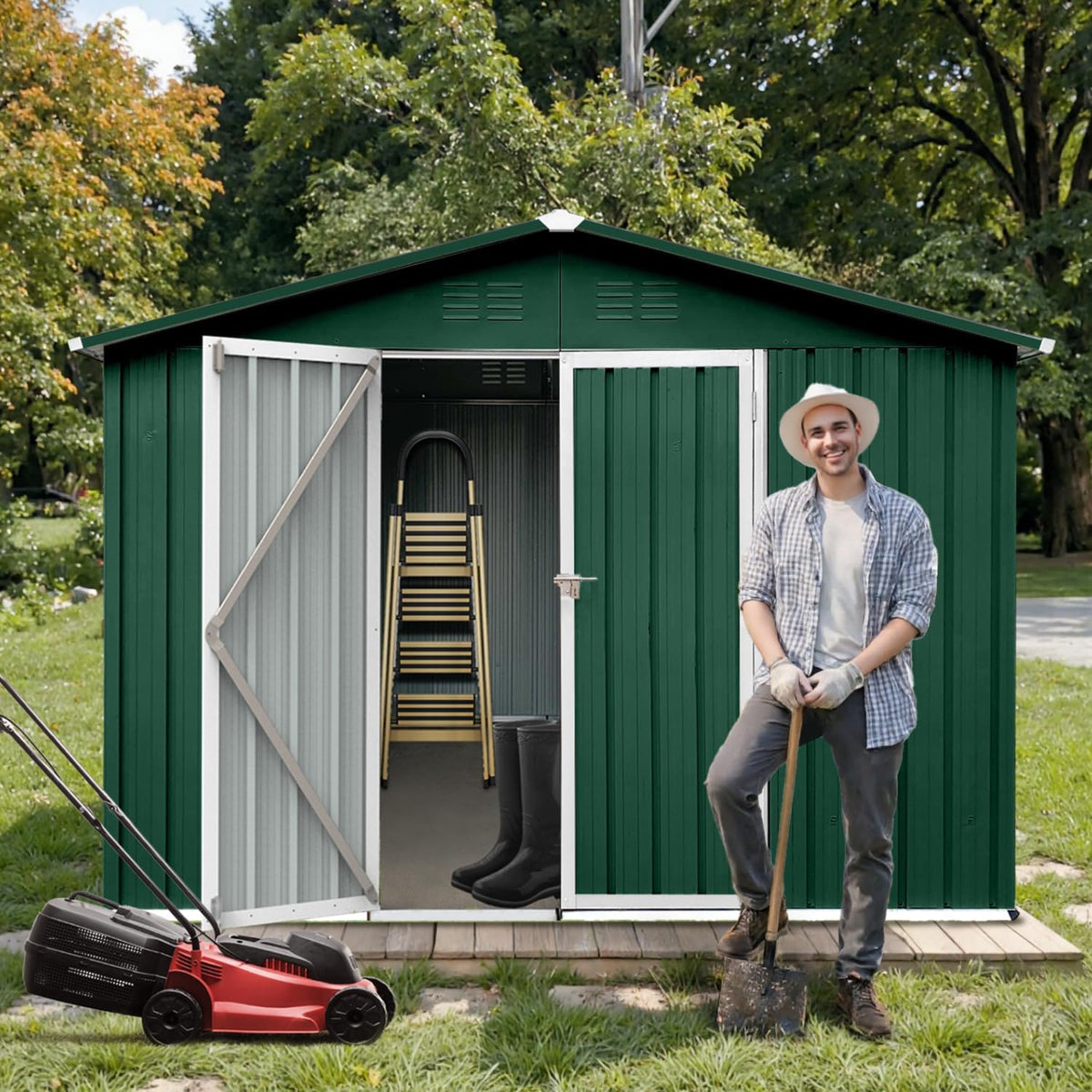 8' x 6' Outdoor Storage Shed, Sturdy Metal Building w/Lockable Doors for Garden, Backyard, Poolside and Lawn, Green