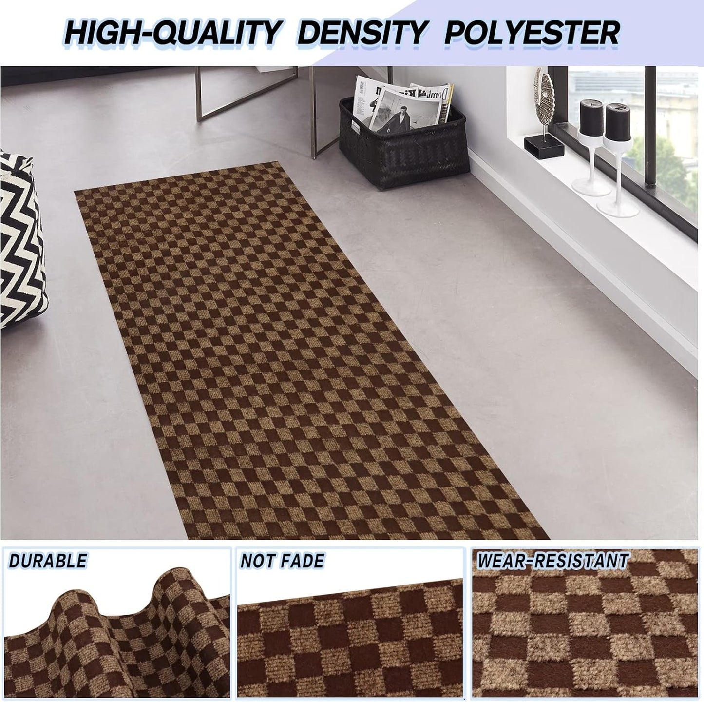 Custom Size Backed Non-Slip Area Rugs Runner, Easy Clean, Waterproof Runner Rugs for Hallway Entryway, Kitchen, Laundry, 4FT x 48FT, Brown Checkered