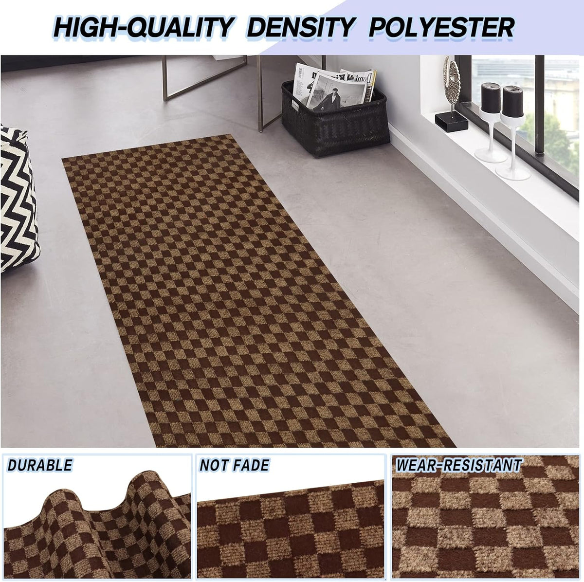 Custom Size Backed Non-Slip Area Rugs Runner, Easy Clean, Waterproof Runner Rugs for Hallway Entryway, Kitchen, Laundry, 2FT x 11FT, Brown Checkered