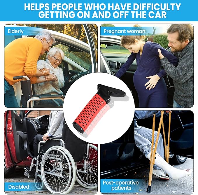 Car Door Handle for Elderly, Car Handle Assist Support, Portable Elderly Assistance Mobility Aids Auto Grab Cane with Strap for Seniors and Handicapped Getting Out of Car, Red, 2 Pack
