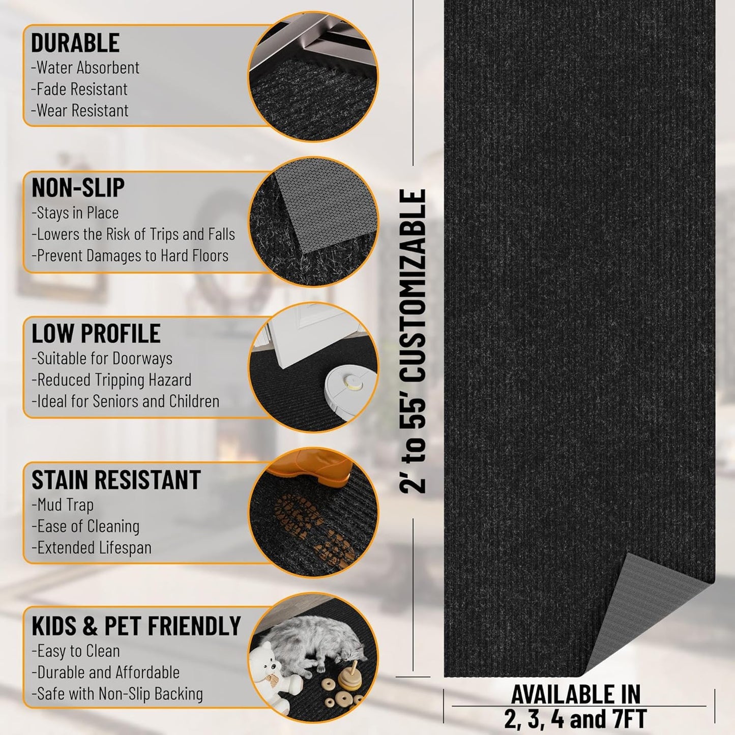 Ottomanson 3'11" x 23' Hallway Runner with Scraper Pile - Extra Durable Non-Slip Rug Mat for Indoor & Outdoor Use - Ideal for Kitchen, Entryway & Garage - High-Traffic Carpet, Black