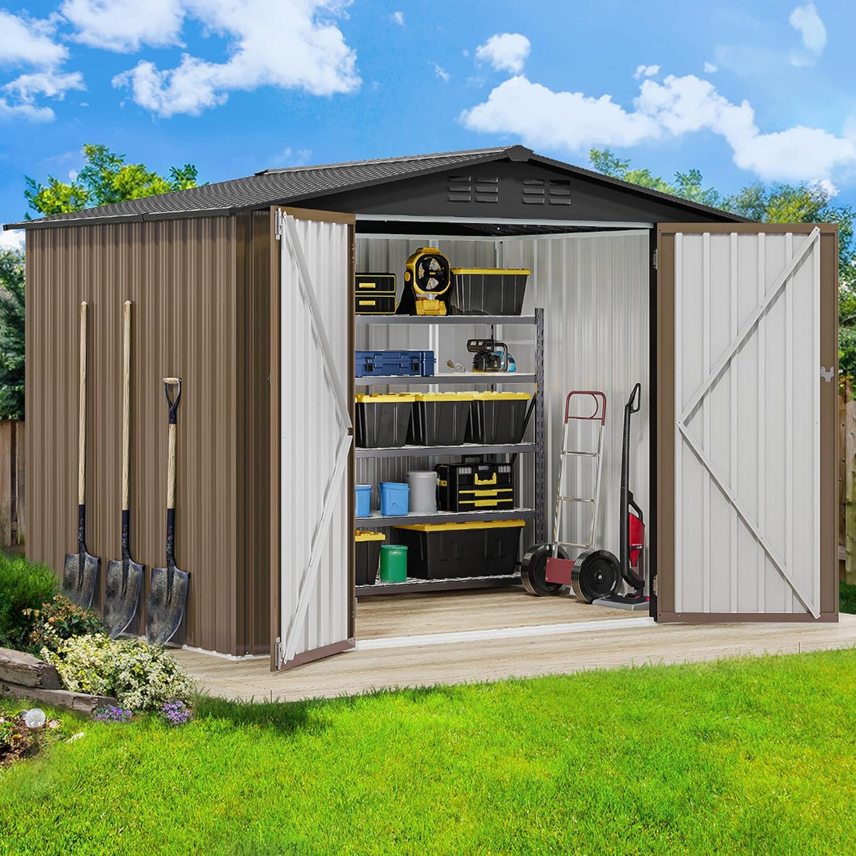 DWVO 8'x6' Large Metal Outdoor Storage Shed, Heavy Duty Tool Storage Sheds for Backyard Patio Lawn - Ideal for Bicycles, Garden Tools, and Lawn Equipment, Easy-to-Assemble, Brown