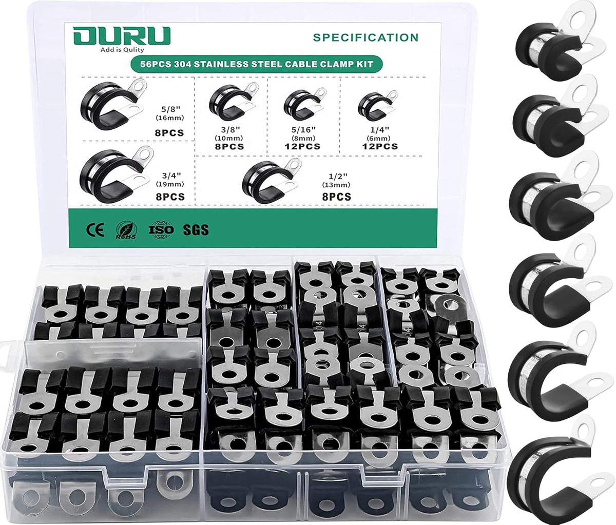 56PCS Cable Clamps Assortment Kit,6 Sizes—1/4" 5/16" 3/8" 1/2" 5/8" 3/4" Stainless Steel Rubber Coated Cushioned Insulated Cable Clamp,Automotive Cable Wire Clamps,Pipe Clamps,Metal Clamp