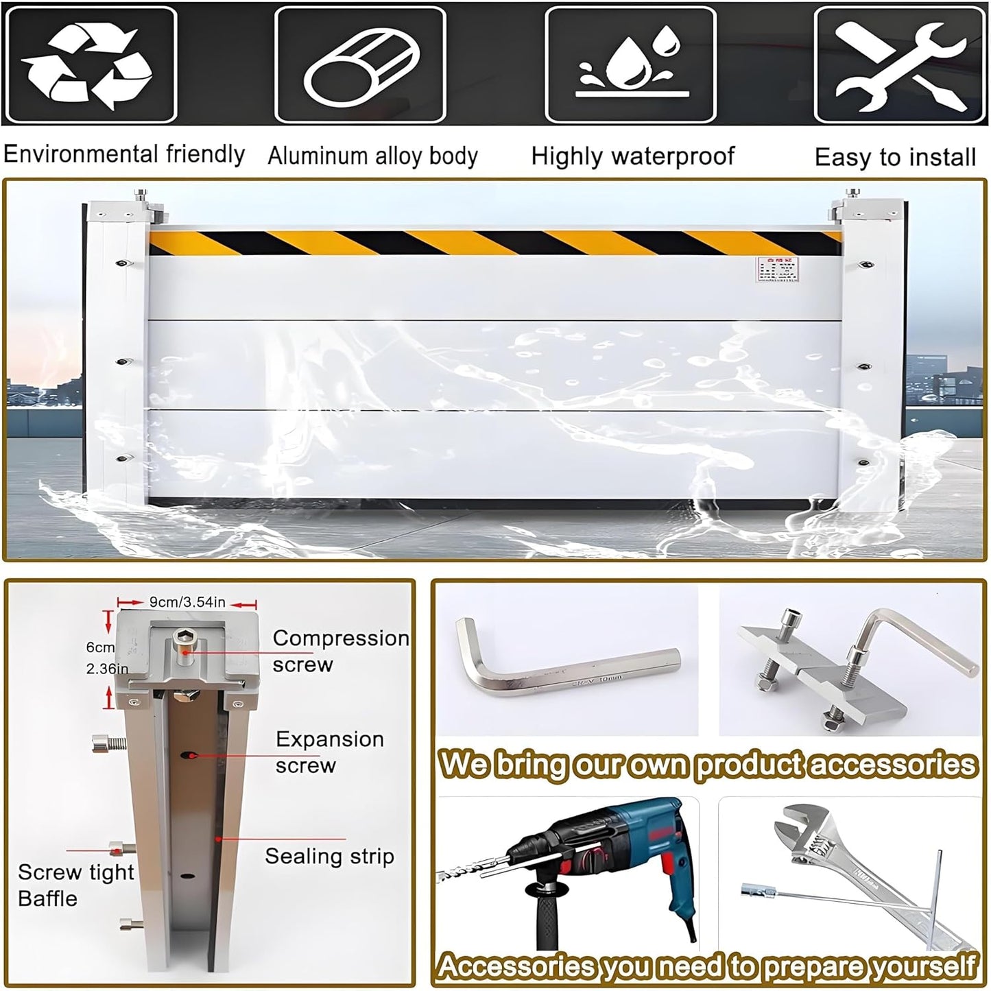 Flood Barriers for Home Exterior,Aluminum Alloy Outdoor Garage Doors Water Barriers for Flooding(H55Inch,L8.5FT)