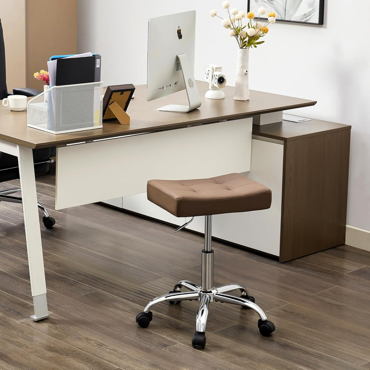 Ergonomic Desk Stool with Wheels (Adjustable Height 17"-21") (300lbs Capacity) Faux Leather Office Stool (Coffee Brown)