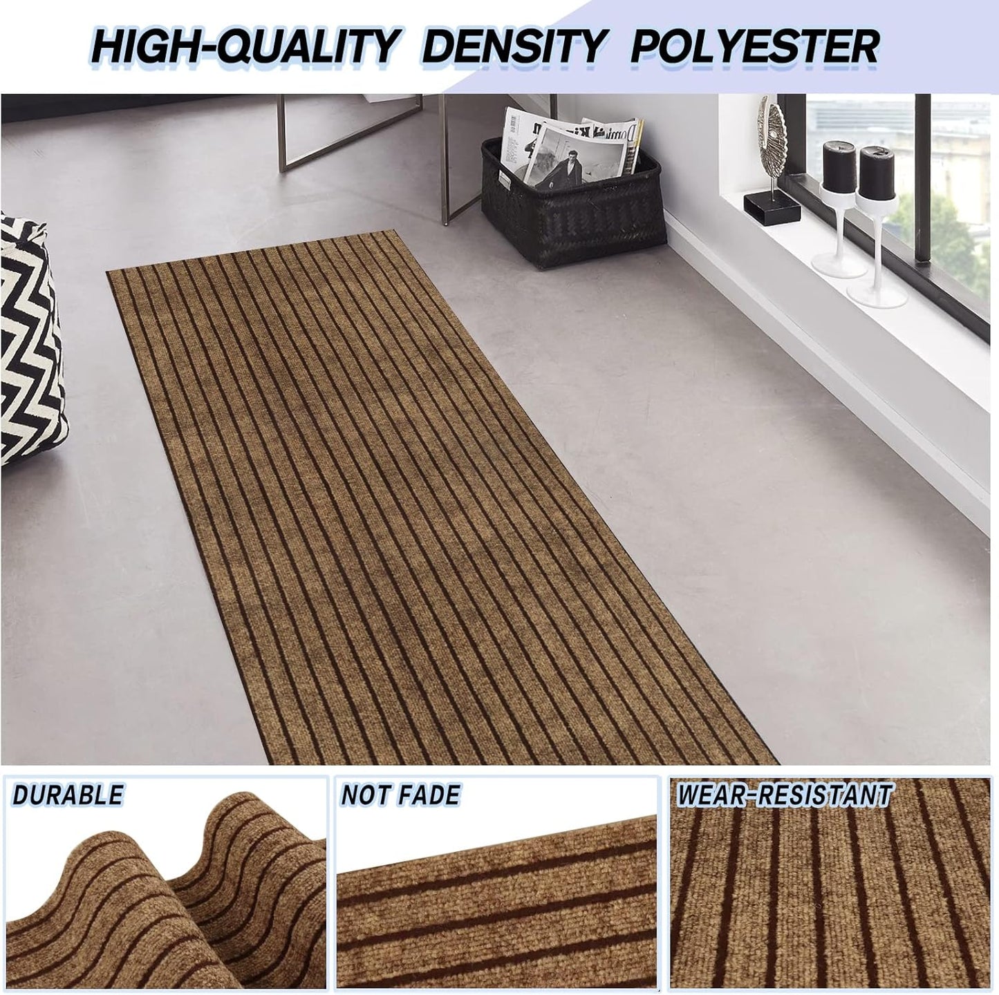 Custom Size Backed Non-Slip Area Rugs Runner, Easy Clean, Waterproof Runner Rugs for Hallway Entryway, Kitchen, Laundry, 3FT x 63FT, Brown Stripe