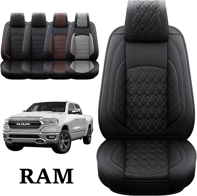 JOJOBAY Car Seat Covers for Dodge Ram Full Set,Fit Ram 2009-2023 1500/2500/3500 Pick-up Truck,Crew,Regular,Quad,Mega Cab,Waterproof Leather Seat Covers Protectors（5 PCS Full Set,Black）