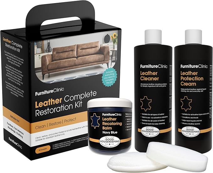 Furniture Clinic Leather Complete Restoration Kit | with Leather Recoloring Balm, Cleaner, 2-in-1 Protection Cream & Conditioner, Sponge, and Cloth | Repair Kit for Furniture (Navy Blue)