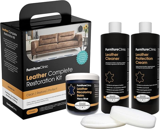 Furniture Clinic Leather Complete Restoration Kit | with Leather Recoloring Balm, Cleaner, 2-in-1 Protection Cream & Conditioner, Sponge, and Cloth | Repair Kit for Furniture (Navy Blue)