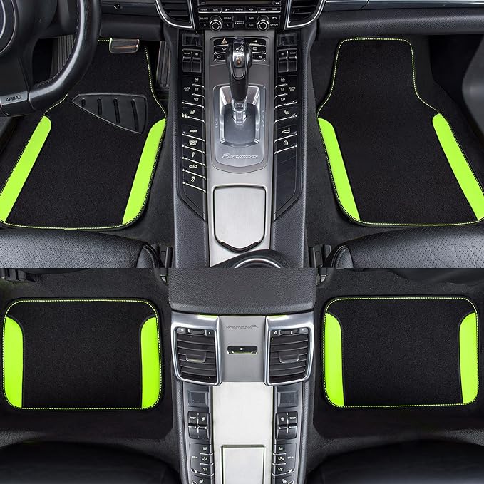 CAR PASS Fluorescent Leather & Waterproof Car Carpet Floor Mats, Universal Car Mats Fit for SUV,Vans,sedans, Trucks,Set of 4pcs Car Carpet with Anti-Slip nibbs Driver Heel Pad (Black Green Lime)
