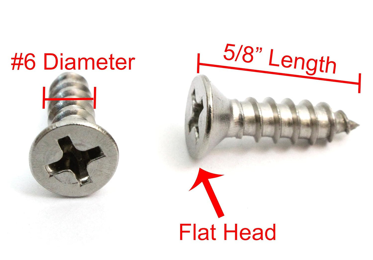 Bolt Dropper No. 6 x 5/8" Stainless Steel Flat Head Phillips Wood Screw, (100 pc), 18-8 (304) Stainless Steel Sheet Metal Screws- Type A Point, Plain Finish, Threads That Bind