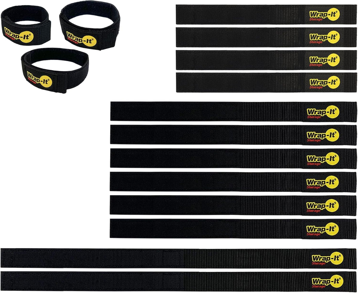 Quick-Straps by Wrap-It Storage - Assorted 12-Pack Black - Hook and Loop Hose and Cable Organizers