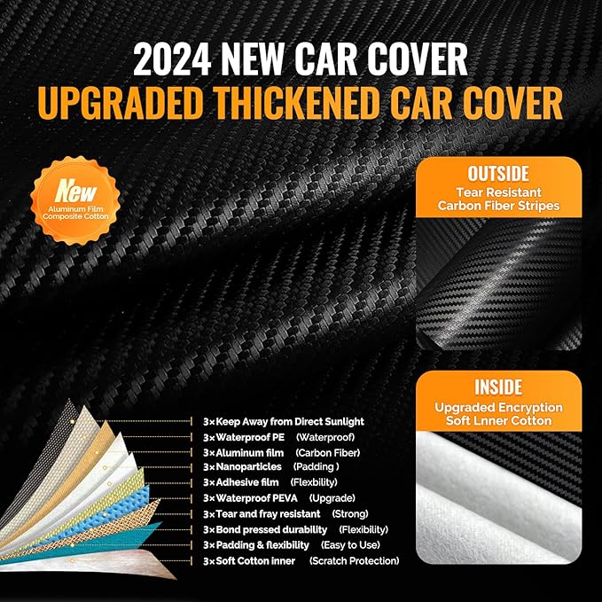 30 Layers Car Cover for Automobiles All Weather Waterproof, Outdoor Snowproof UV Protection Windproof, Door Zipper, Soft Cotton, Heavy Duty Universal Car Covers, (Black, Fit Sedans 171"-180")