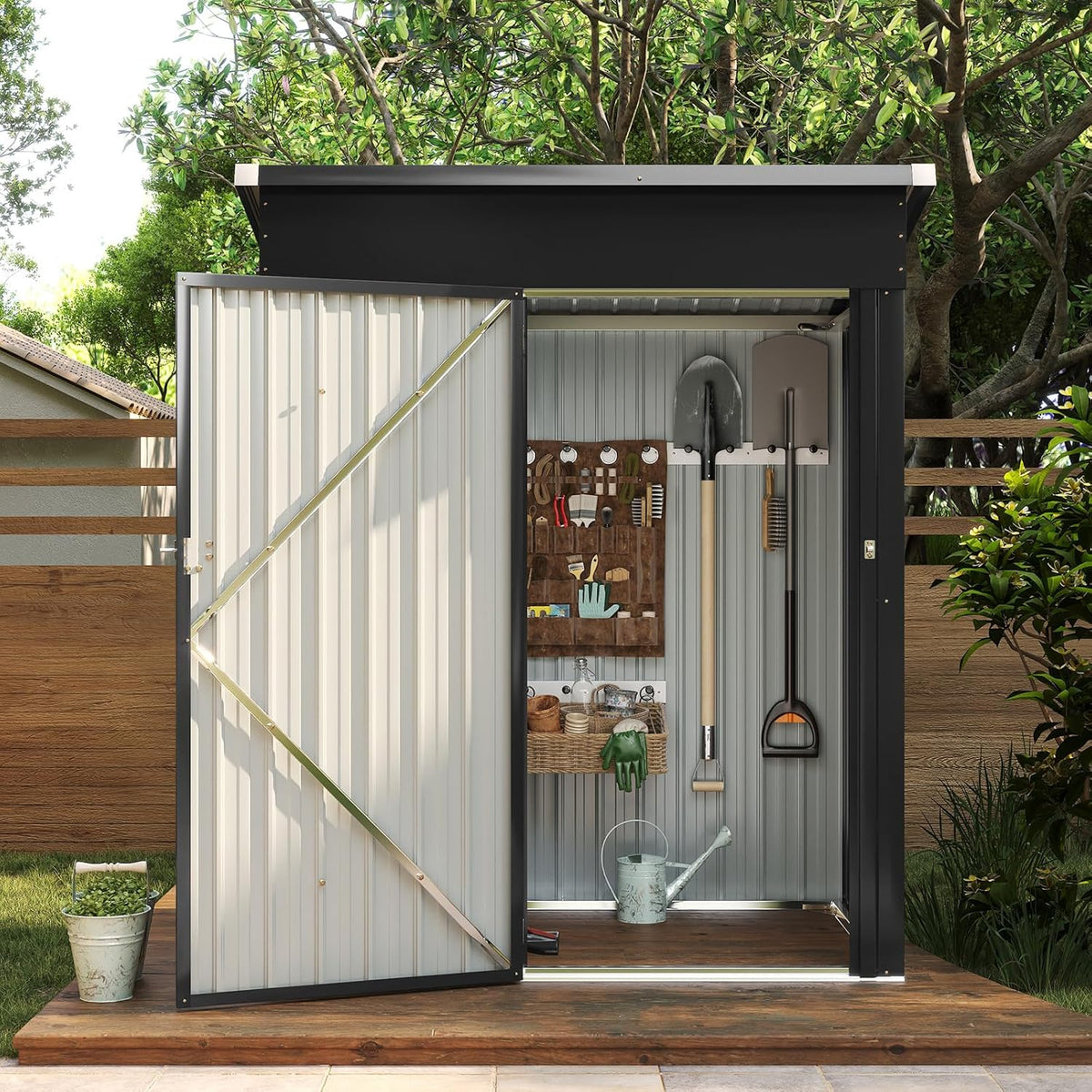 Aoxun 5x3FT Outdoor Shed Metal Storage Shed with Single Slooping Roof Lockable Door Steel Utility Tool Shed Outdoor Storage Garden Shed for Backyard Garden Patio Lawn, Black