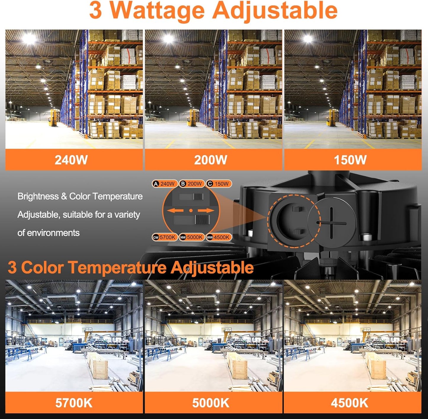 LED High Bay Lights, 240W UFO High Bay LED Shop Lights, 36000LM Adjustable CCT(5700K 5000K 4500K) & Power(240W 200W 150W), 0-10V Dimmable, 5' Cable Plug, IP65 Waterproof, ETL & DLC Listed High Bay