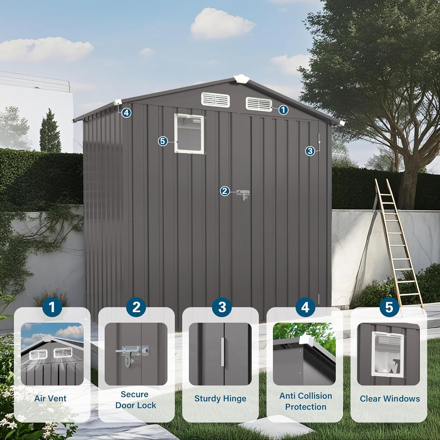 ARMSET 6x3.5 FT Metal Outdoor Storage Shed for Patio & Backyard - Waterproof Small Shed, Lockable Tool Shed with Clear Window, Galvanized Steel Garden Storage Cabinet for Tools and Bikes