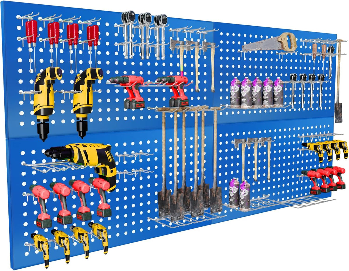 Metal Pegboard Panels 24" x 12" 4 Pack Heavy Duty Steel Pegboard Wall Organizer, Garage Utility Tools Pegboard Storage System for Workbench, Shop, Shed Modular Peg Board Organizer Board Kit (Blue)