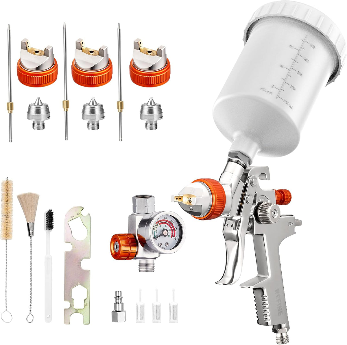 REFINE Spray Gun Kit, Auto Paint Gun with 1.4/1.7/2.0mm Nozzle Sets, 600cc Cup, Professional Automotive Air Spray Gun with Air Regulator for Cars, House ＆ DIY Painting