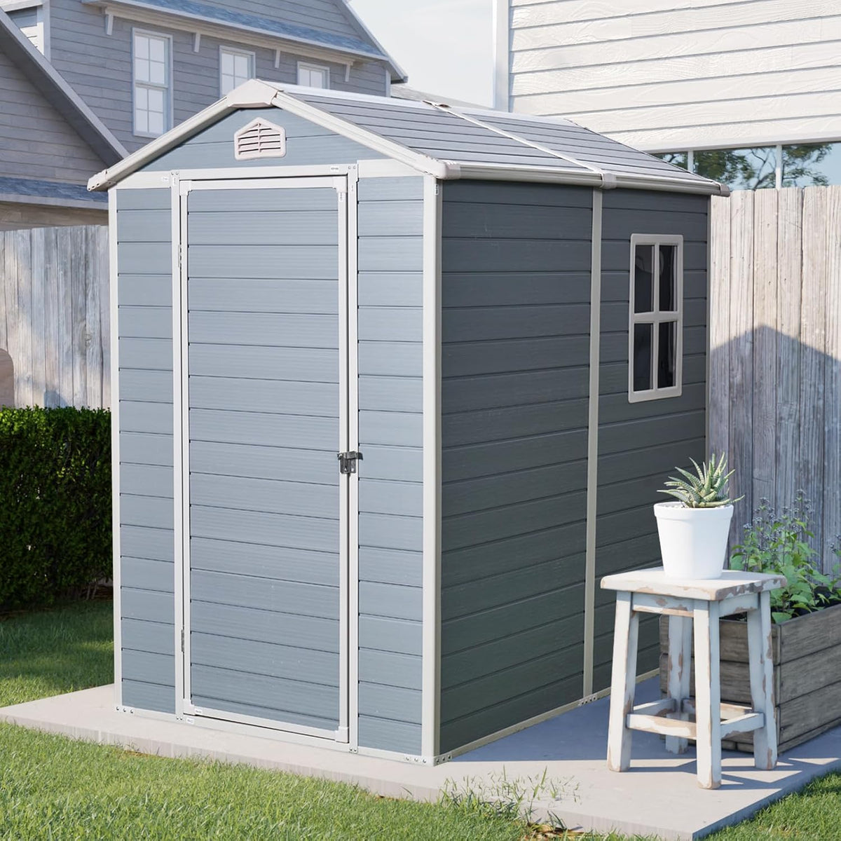 4x6 FT Outdoor Storage Shed, Resin Garden Shed with Thick Floor, Plastic Storage Shed with Window, Waterproof Outside Tool Shed with Lockable Hinged Door for Backyard, Patio, Lawn, Light Gray