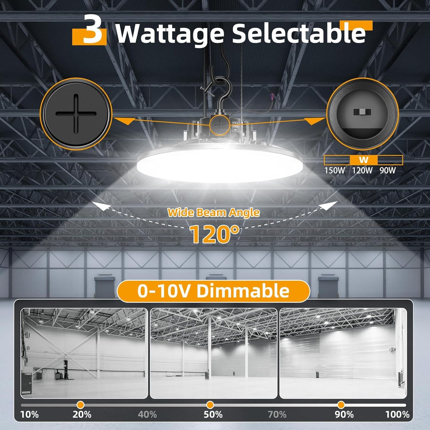 9 Pack 480V LED High Bay Light UL DLC Listed UFO Light 150W 100W 80W Adjustable, Dimmable High Bay LED Shop Lights 5000K Daylight, IP65 Commercial Bay Lighting for Warehouse Factory