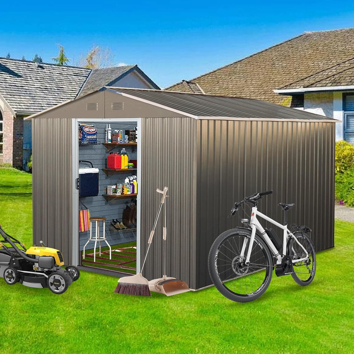 8x10 FT Outdoor Storage Shed, Metal Garden Shed with Frame Floor, Outside Tool Shed with Lockable Sliding Doors, Waterproof Storage Building with Sloped Roof for Backyard, Patio, Lawn, Gray