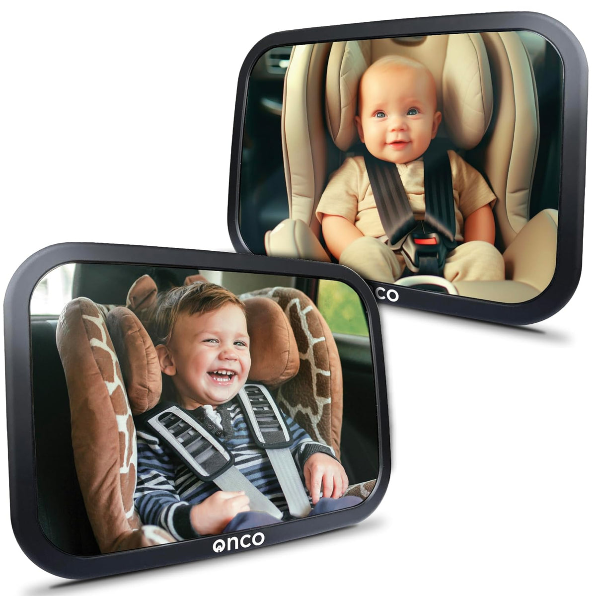 Onco Baby Car Mirror Rear Facing (2 Pack) - 100% Shatterproof & Shakeproof, Award-Winning Convex Car Mirror for Baby with 360° Rotation, Newborn Essentials (9.6 x 6.9 in)