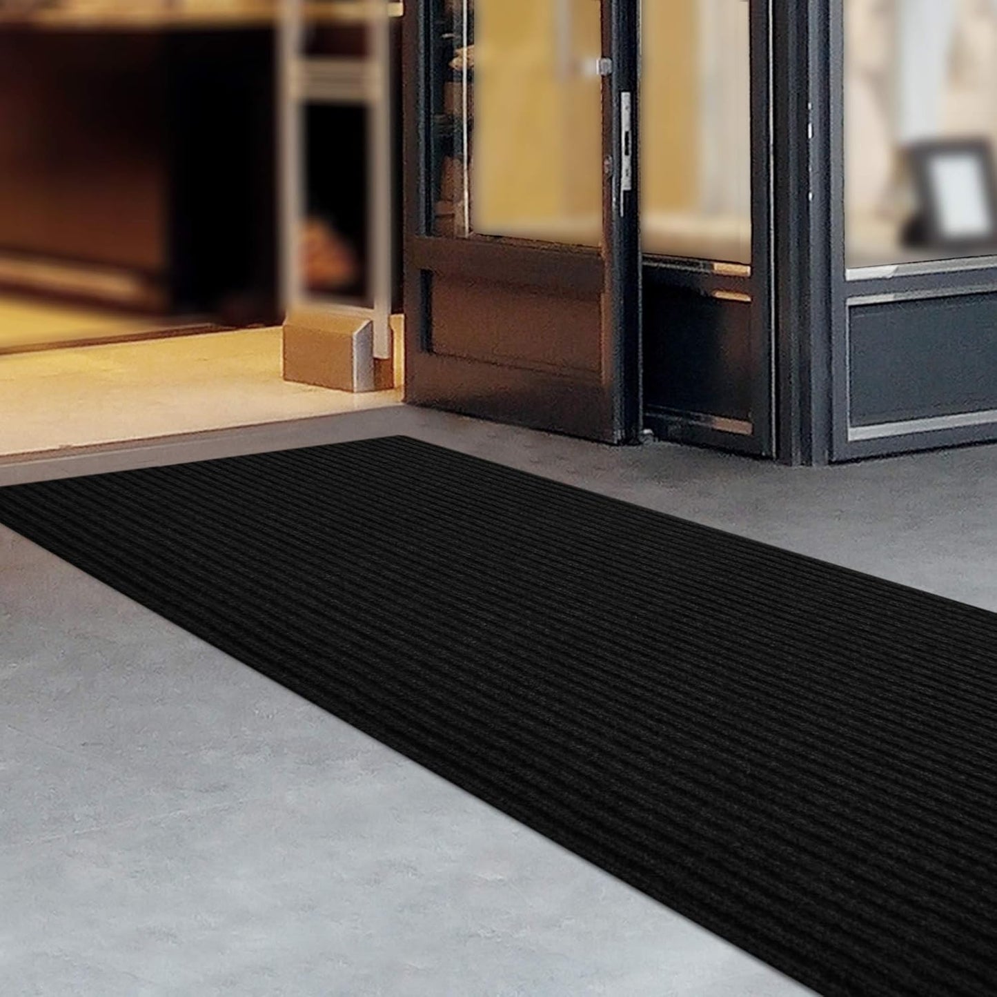 iCustomRug Spartan Weather Warrior Indoor/Outdoor Utility Ribbed Carpet Runner with Non-Slip Thermoplastic Rubber Backing, 28in X 18ft in Black