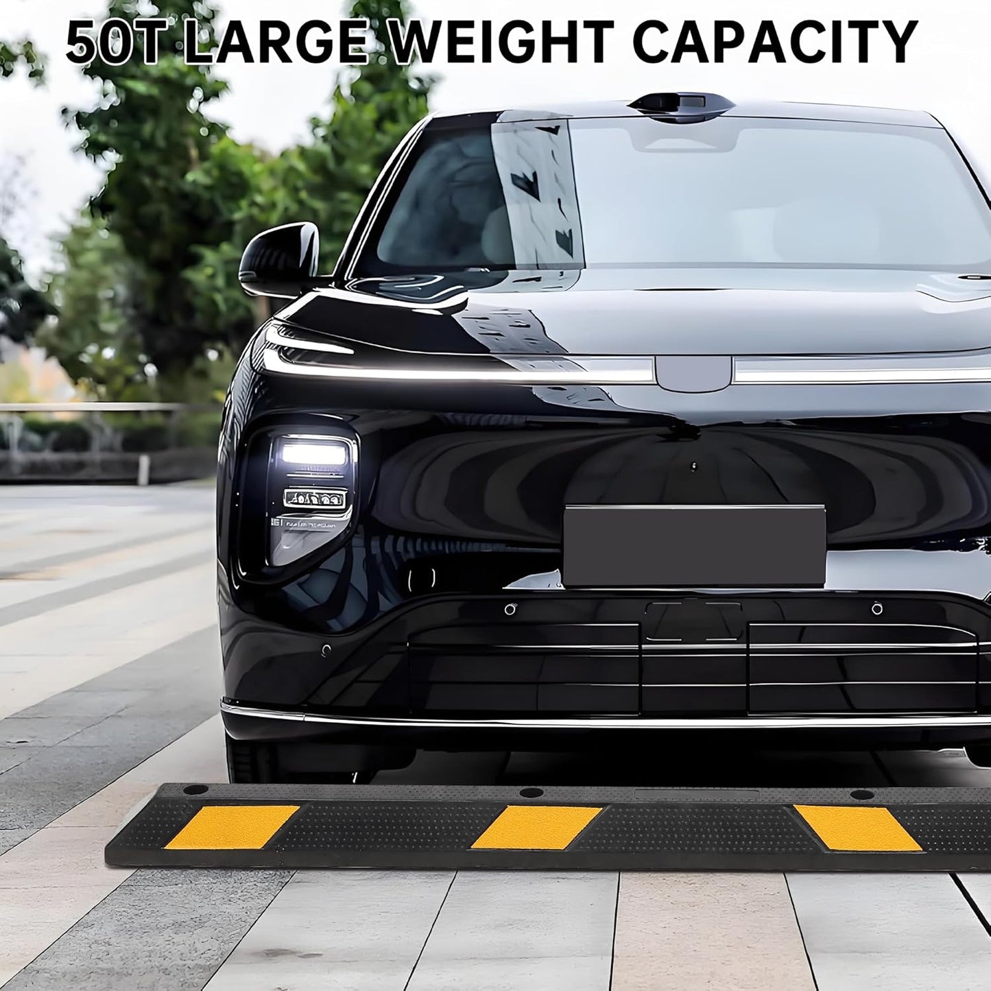 Pack of 1-72" Parking Stoppers for Garage, Heavy Duty Rubber Parking Curb with Reflective Stripe, Garage Floor Wheel Stopper for Car Vehicles Truck, Installation Kit Included