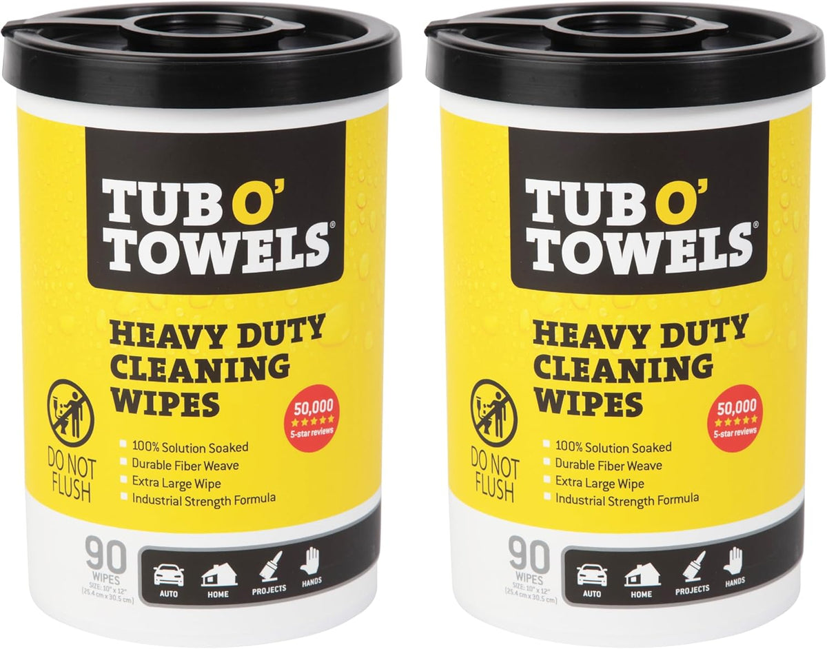 Tub O' Towels Heavy-Duty Multi-Surface Cleaning Wipes, 10" x 12", 90 Count Canister, Removes Grease, Grime, Tough Stains, Durable Disposable Wipes for Home, Garage, Outdoor Cleaning Tasks, 2-Pack