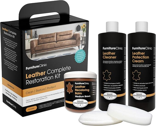 Furniture Clinic Leather Complete Restoration Kit | with Leather Recoloring Balm, Cleaner, 2-in-1 Protection Cream & Conditioner, Sponge, and Cloth | Repair Kit for Furniture (Medium Brown)