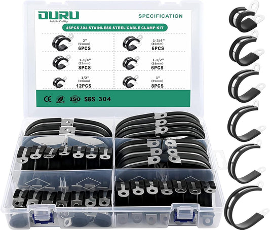 46PCS Cable Clamps Assortment Kit,Stainless Steel Rubber Coated Cushioned Insulated Cable Clamp,Automotive Wire Clamps,Pipe Clamps,Metal Clamp in 6 Sizes—1/2'' 1'' 1-1/4'' 1-1/2'' 1-3/4'' 2''