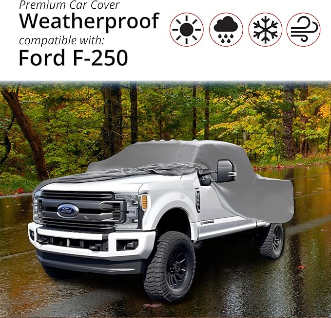 Car Covers Weatherproof Max Truck Cover & Warranty Compatible with Ford 1999-2019 F-250 Crew Cab, 6.75– Outdoor Cover, Prevents Theft with Cable Lock